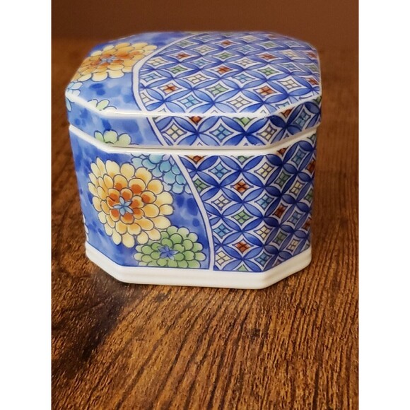 Ashibi Japan Porcelain Trinket Jewelry Box Lid Floral Blue White Vintage Small - Picture 3 of 11
